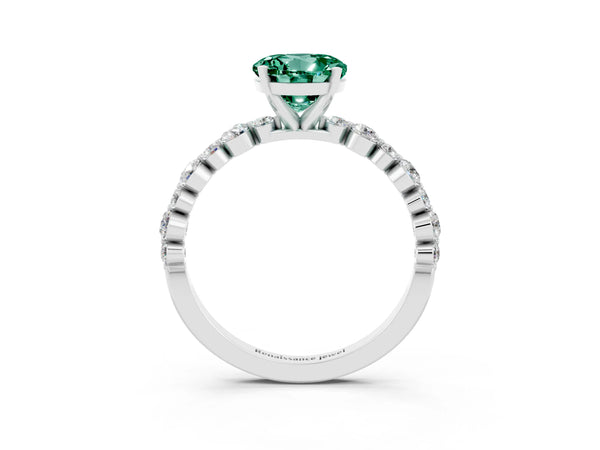 Platinum Round Cut Green Sapphire Prong Set Engagement Ring with Pavé Band