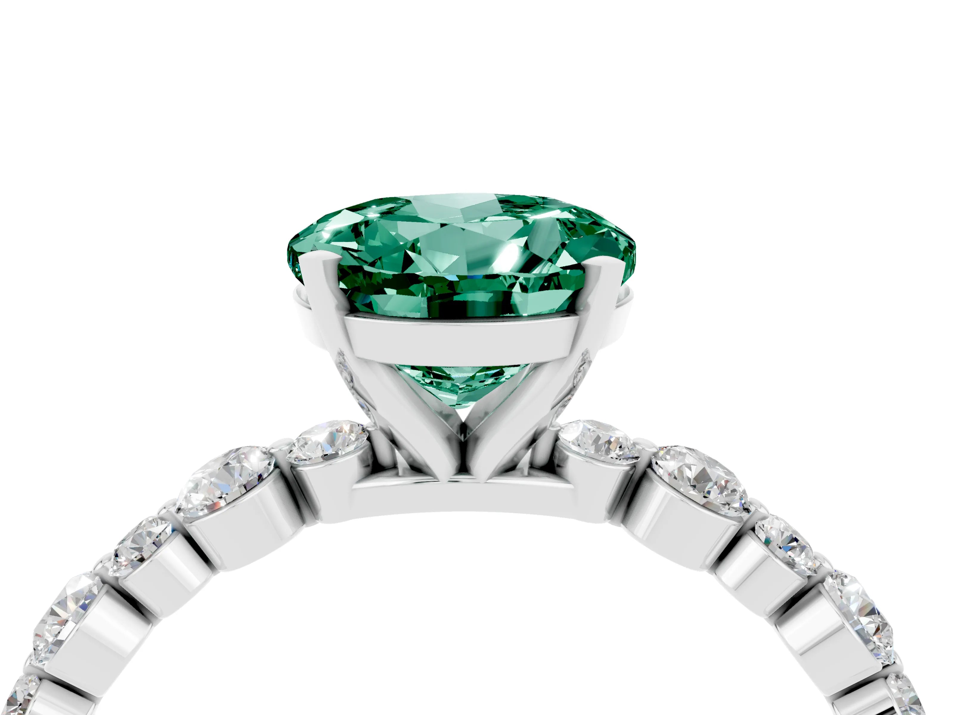 White gold Round Cut Green Sapphire Prong Set Engagement Ring with Pavé Band_4