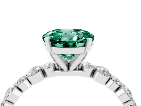 White gold Round Cut Green Sapphire Prong Set Engagement Ring with Pavé Band_4