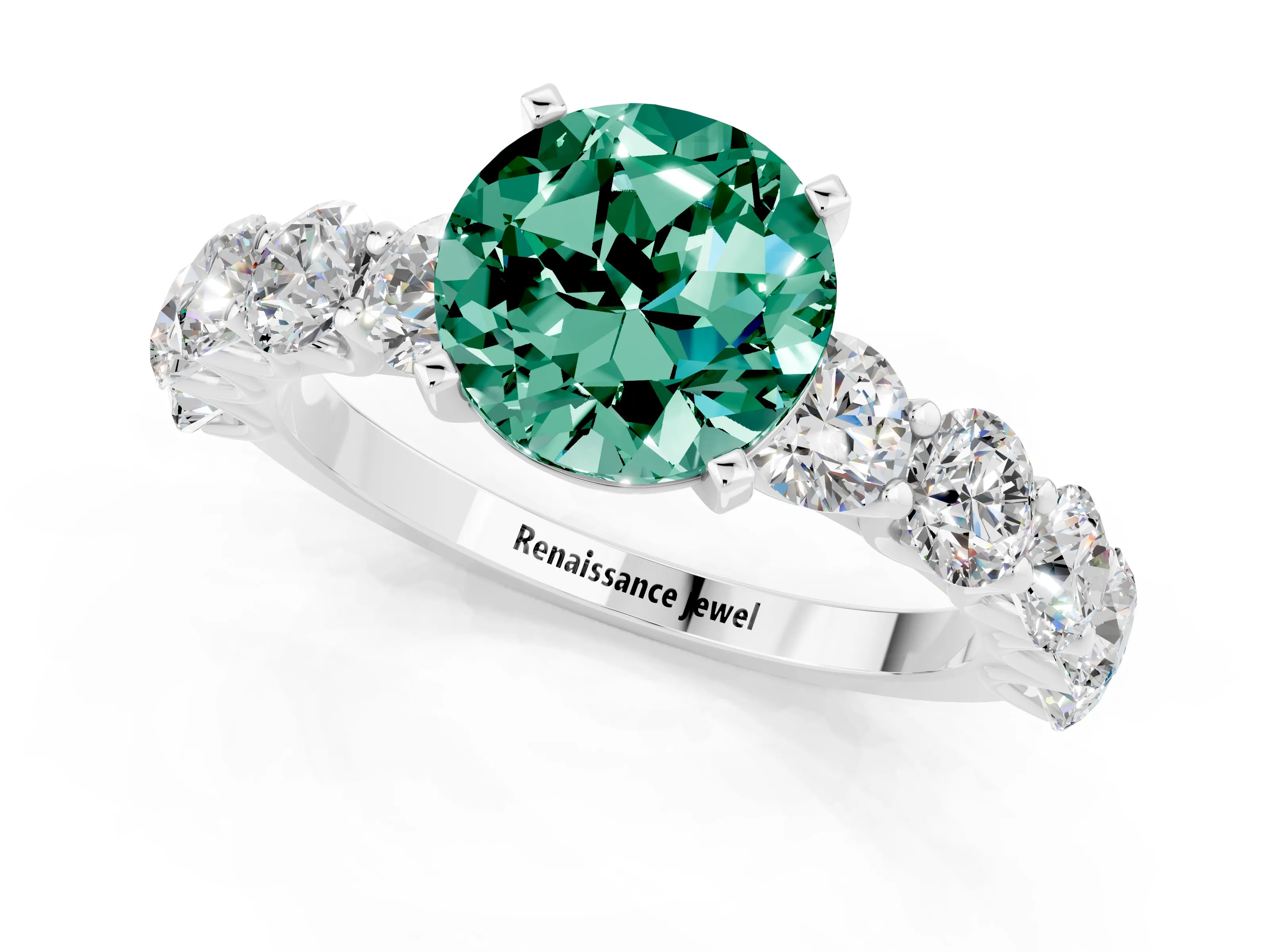 White gold Round Cut Green Sapphire Prong Setting with Side Stones on a Pave Band_1