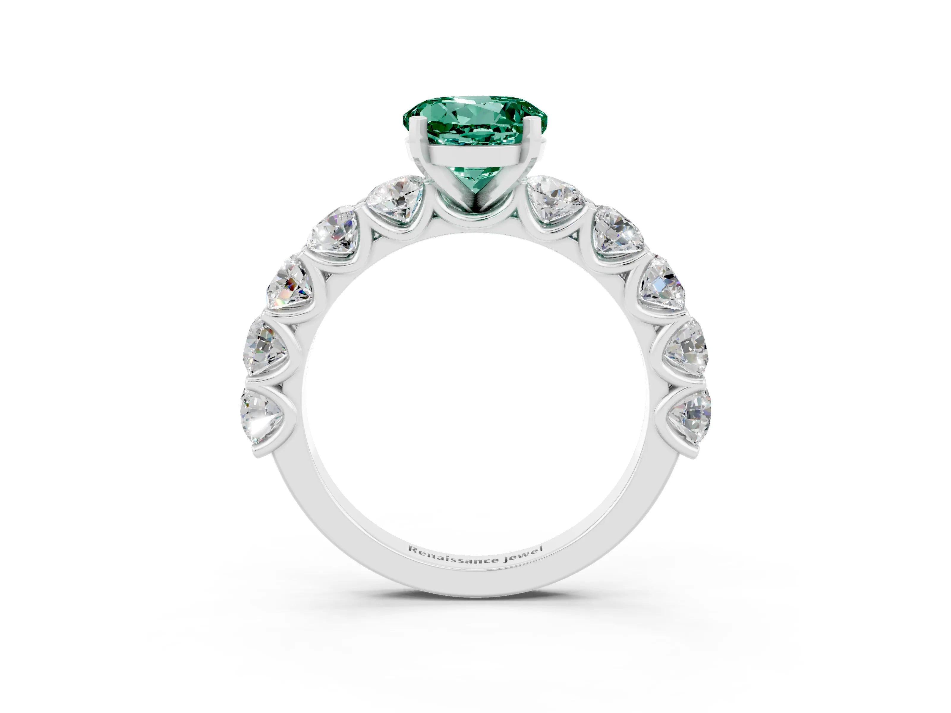 White gold Round Cut Green Sapphire Prong Setting with Side Stones on a Pave Band_3