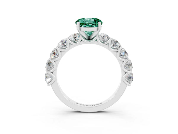 Silver Round Cut Green Sapphire Prong Setting with Side Stones on a Pave Band