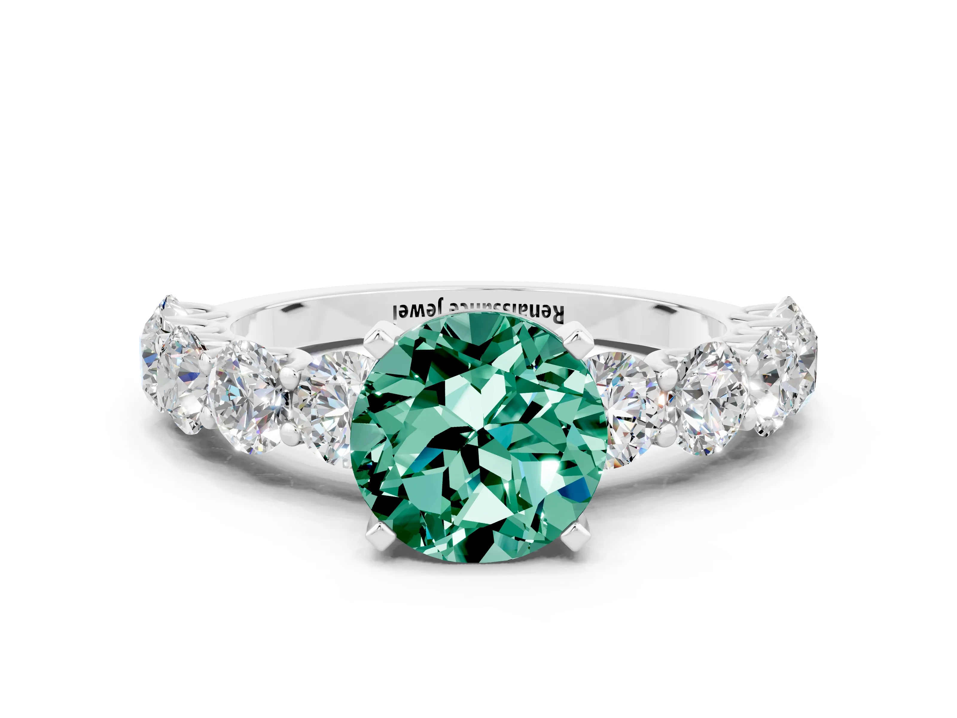 White gold Round Cut Green Sapphire Prong Setting with Side Stones on a Pave Band