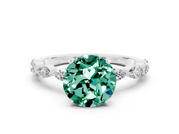 Platinum Round Cut Green Sapphire Ring with Marquise Side Stones and Prong Setting