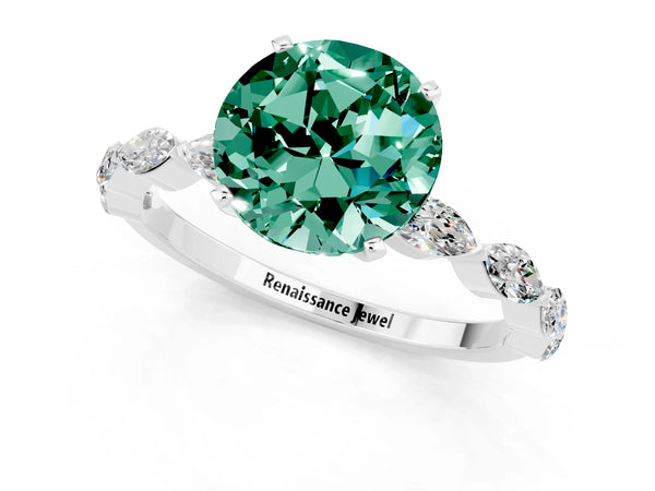 Silver Round Cut Green Sapphire Ring with Marquise Side Stones and Prong Setting