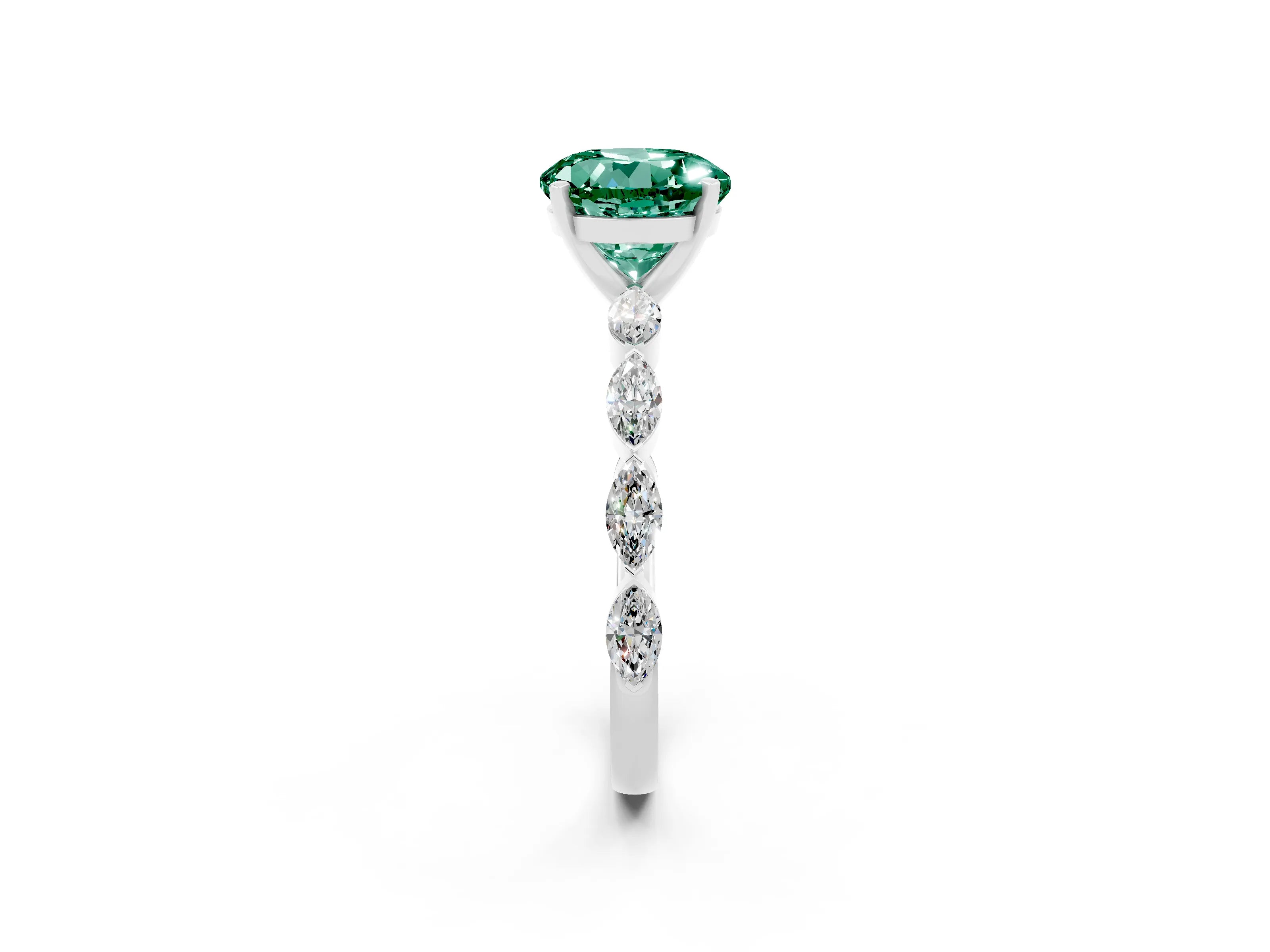 White gold Round Cut Green Sapphire Ring with Marquise Side Stones and Prong Setting_2