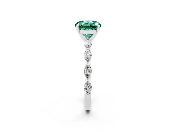 Platinum Round Cut Green Sapphire Ring with Marquise Side Stones and Prong Setting