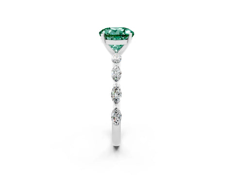 White gold Round Cut Green Sapphire Ring with Marquise Side Stones and Prong Setting_2