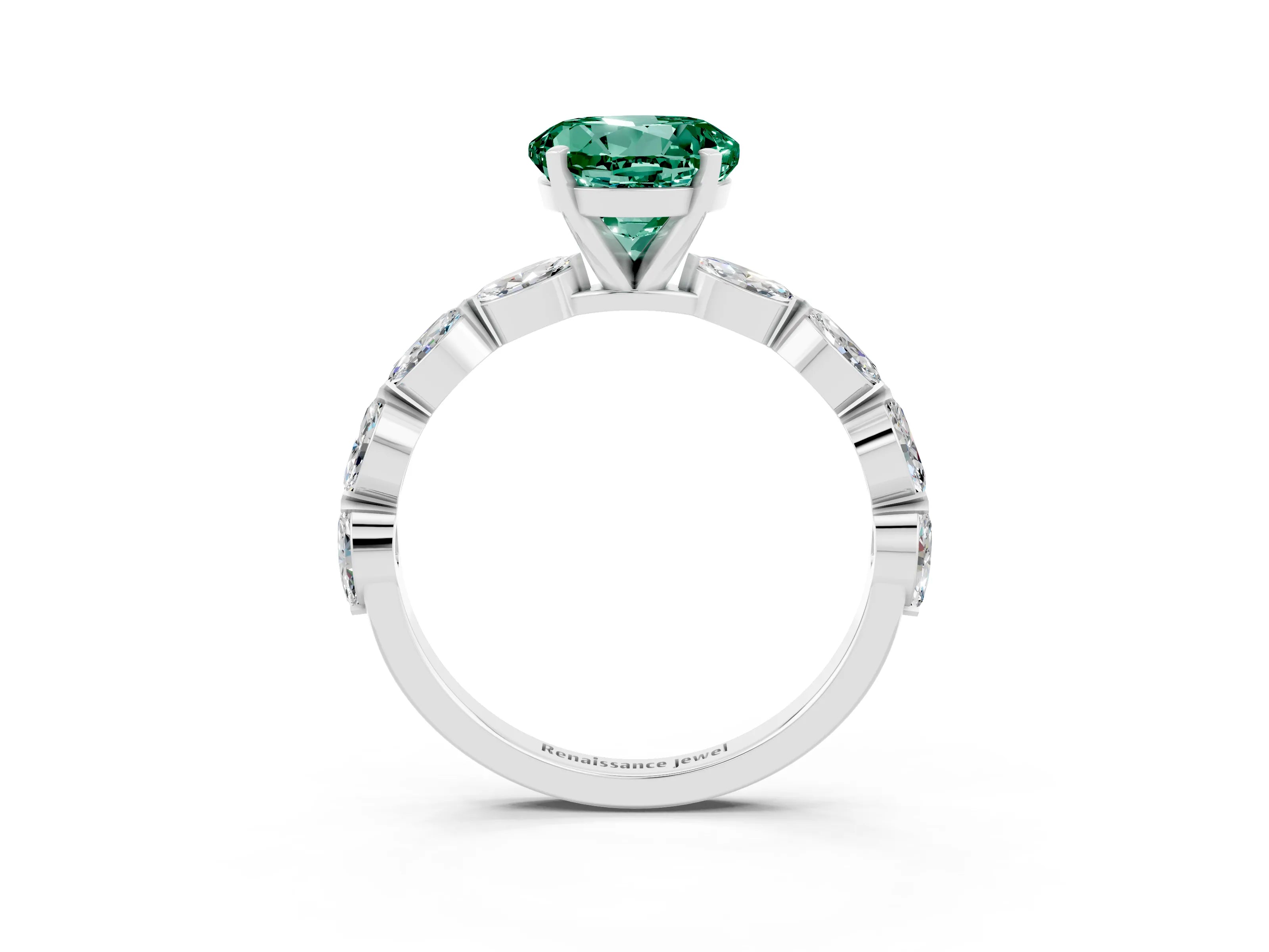 White gold Round Cut Green Sapphire Ring with Marquise Side Stones and Prong Setting_3