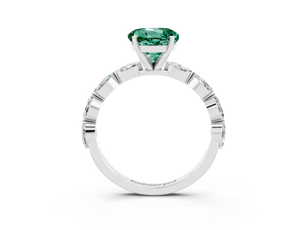 Platinum Round Cut Green Sapphire Ring with Marquise Side Stones and Prong Setting