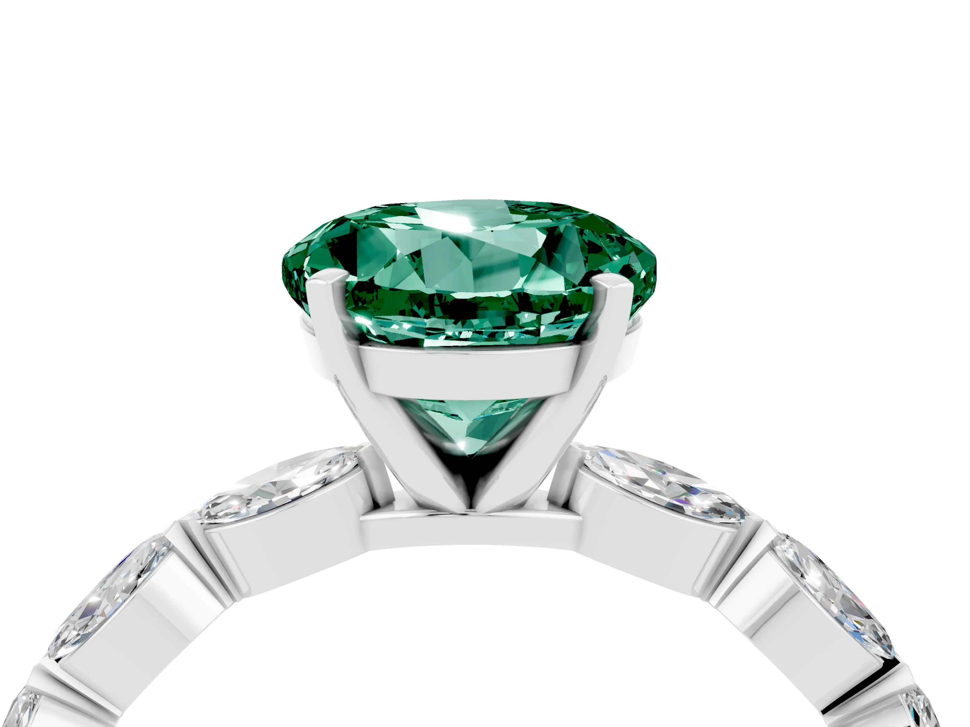 White gold Round Cut Green Sapphire Ring with Marquise Side Stones and Prong Setting_4