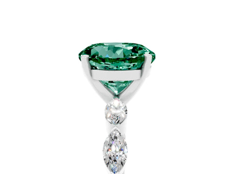 White gold Round Cut Green Sapphire Ring with Marquise Side Stones and Prong Setting_5