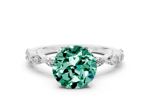 White gold Round Cut Green Sapphire Ring with Marquise Side Stones and Prong Setting