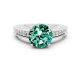 White gold Round Cut Green Sapphire Ring with Milgrain Pavé Band and Four-Prong Setting_12