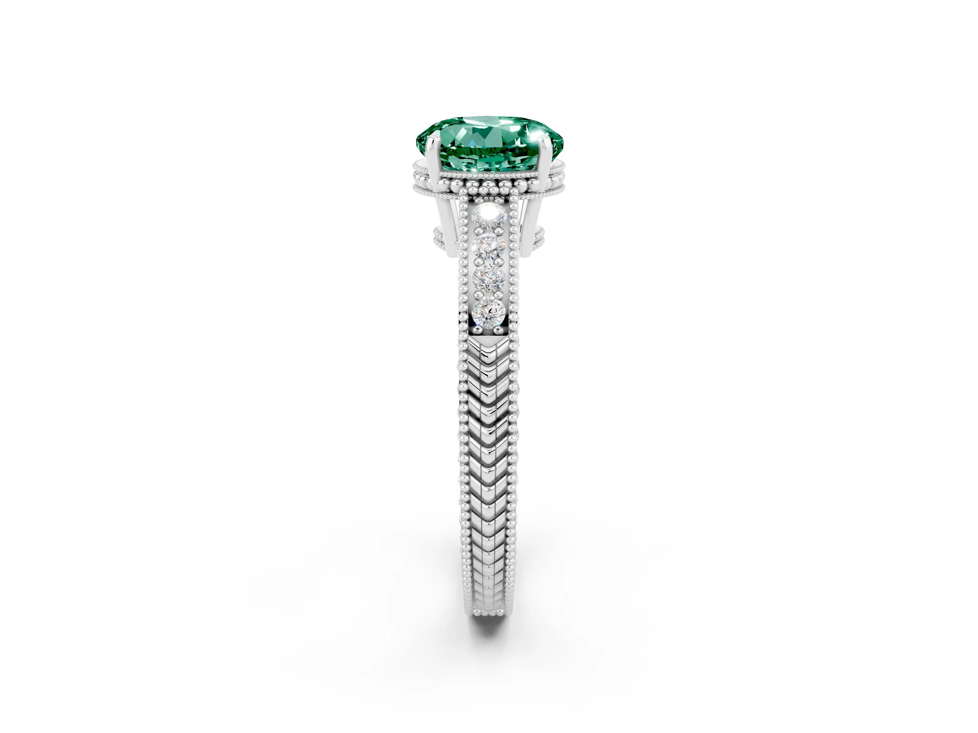 White gold Round Cut Green Sapphire Ring with Milgrain Pavé Band and Four-Prong Setting_14