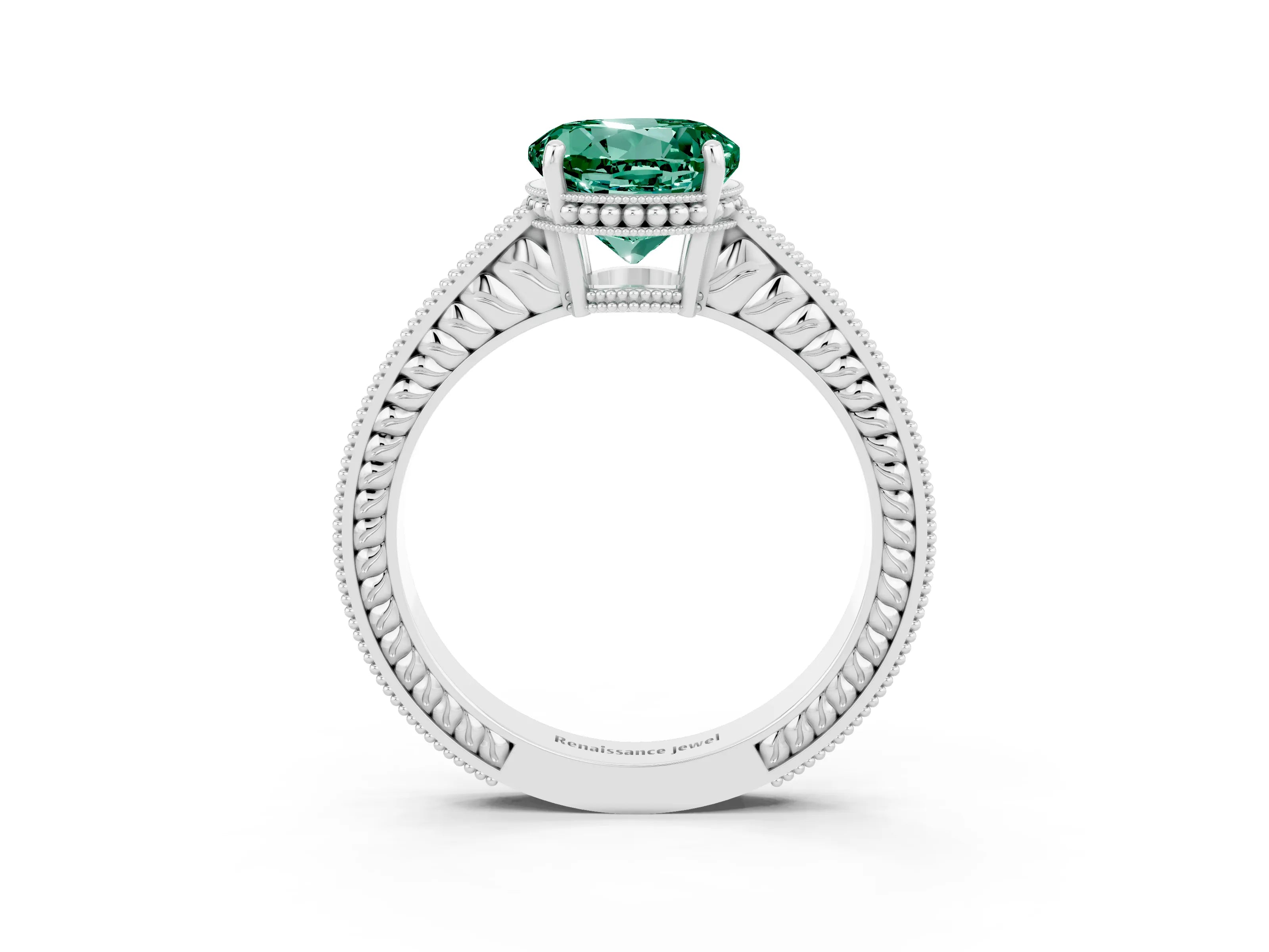 White gold Round Cut Green Sapphire Ring with Milgrain Pavé Band and Four-Prong Setting_15