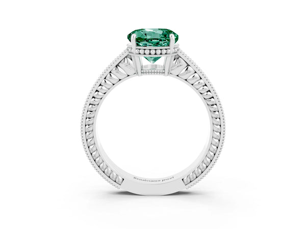 Silver Round Cut Green Sapphire Ring with Milgrain Pavé Band and Four-Prong Setting