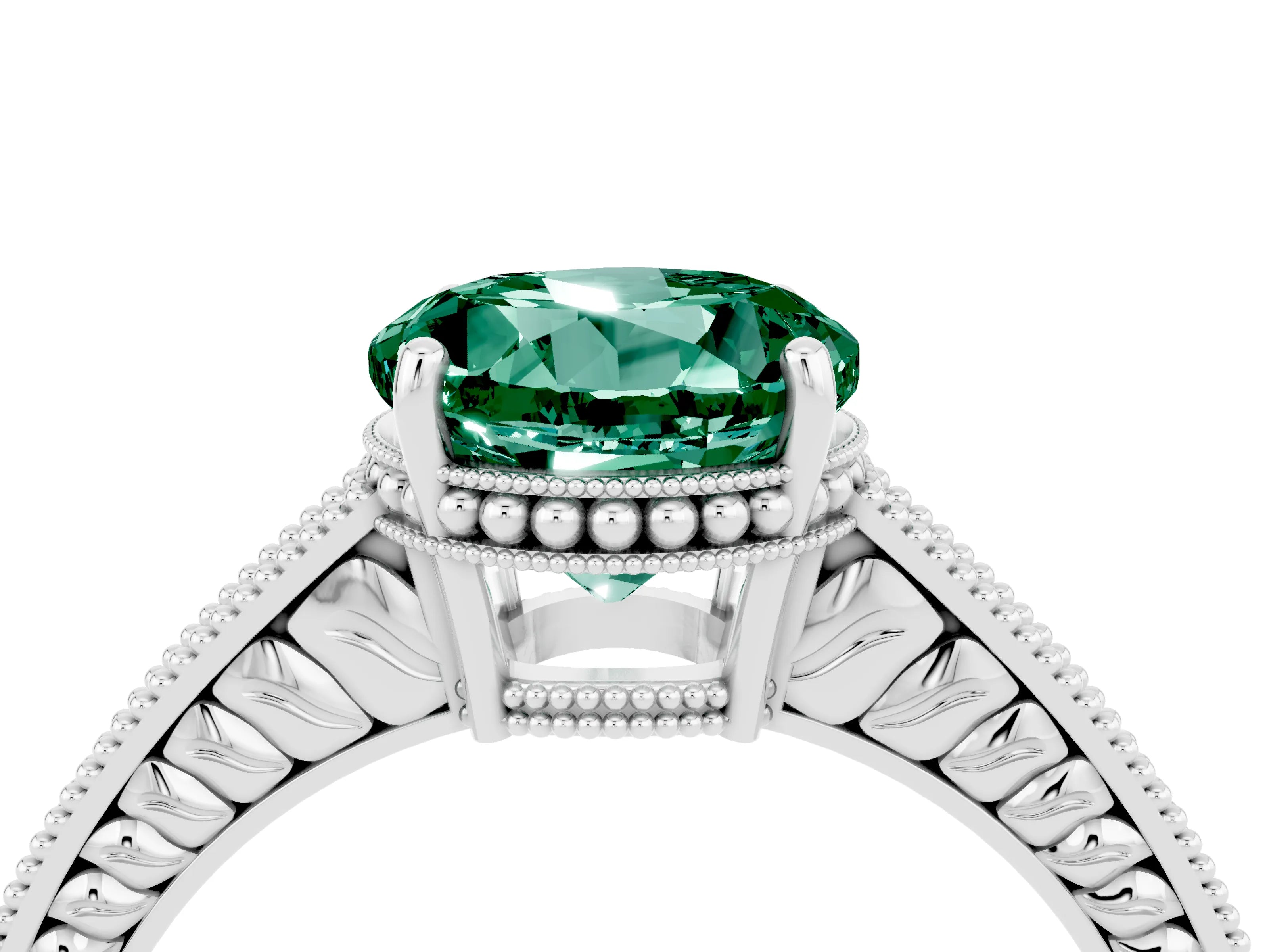 White gold Round Cut Green Sapphire Ring with Milgrain Pavé Band and Four-Prong Setting_16