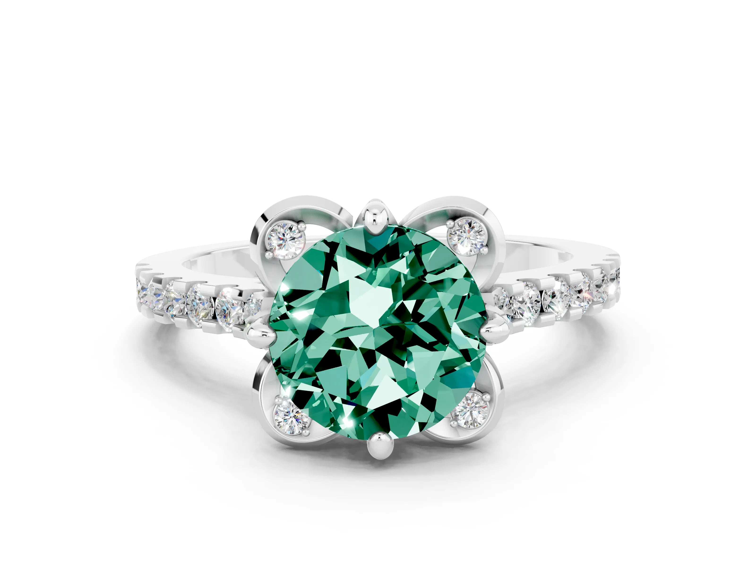 White gold Round Cut Green Sapphire Ring with Pavé Band and Floral Prong Setting