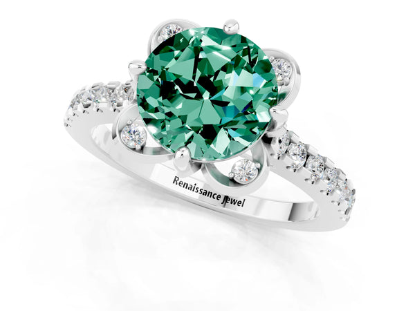 Platinum Round Cut Green Sapphire Ring with Pavé Band and Floral Prong Setting