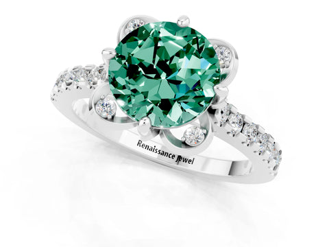 White gold Round Cut Green Sapphire Ring with Pavé Band and Floral Prong Setting_1