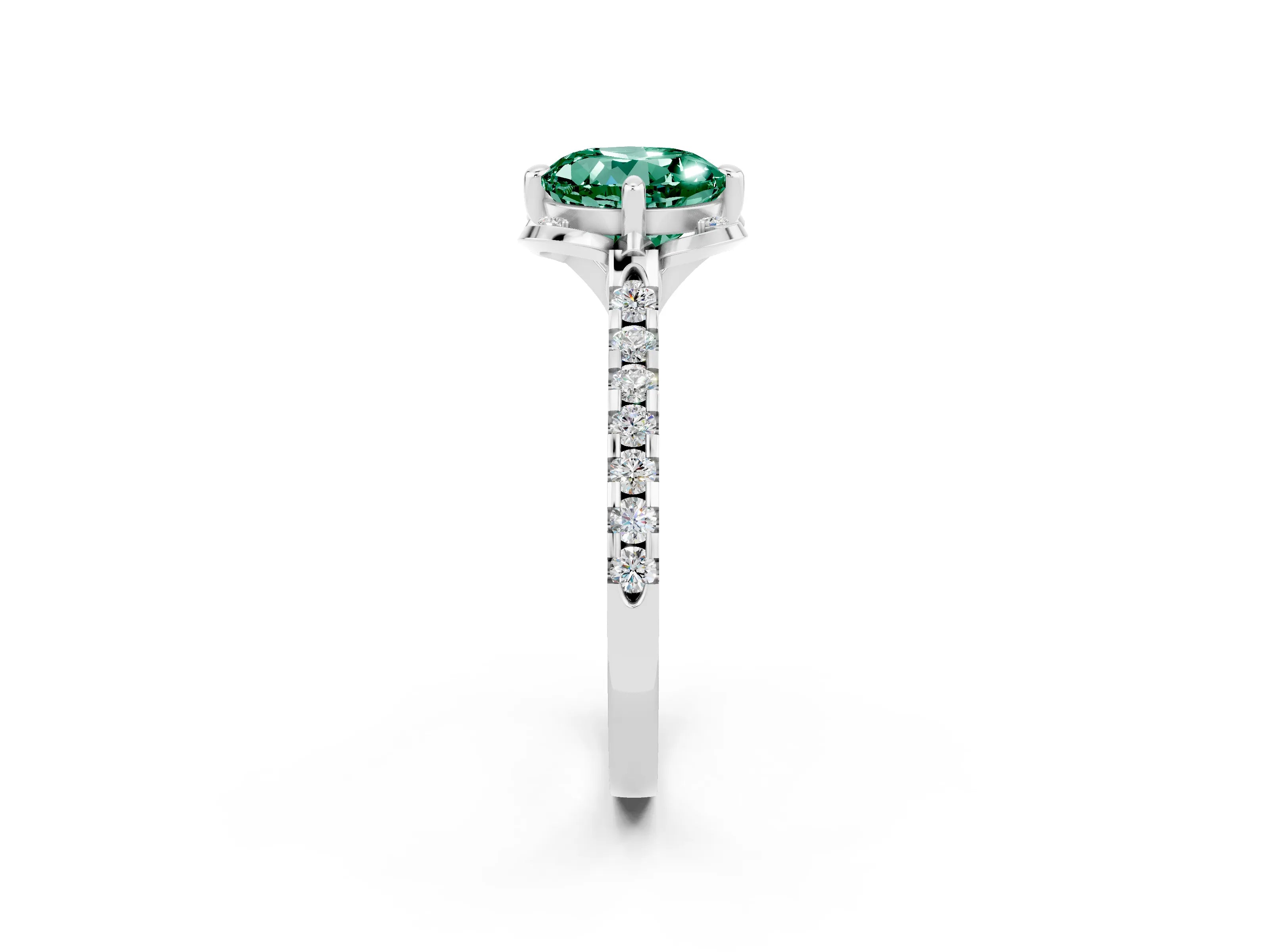 White gold Round Cut Green Sapphire Ring with Pavé Band and Floral Prong Setting_2