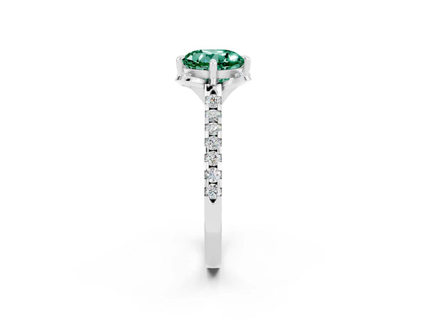 Silver Round Cut Green Sapphire Ring with Pavé Band and Floral Prong Setting