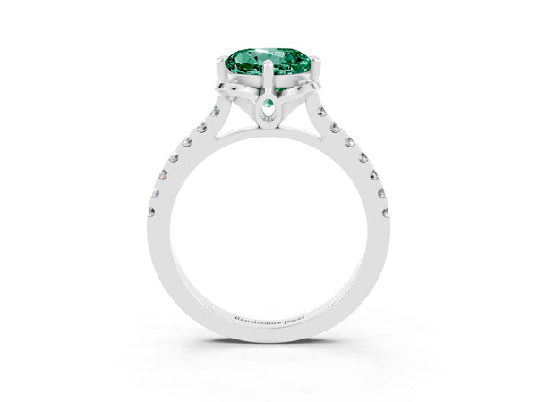 White gold Round Cut Green Sapphire Ring with Pavé Band and Floral Prong Setting
