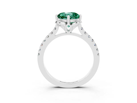 White gold Round Cut Green Sapphire Ring with Pavé Band and Floral Prong Setting_3