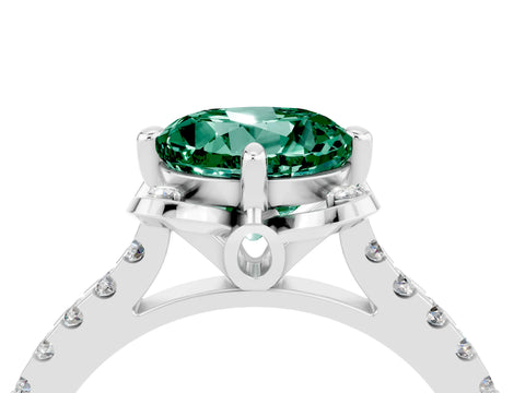 White gold Round Cut Green Sapphire Ring with Pavé Band and Floral Prong Setting_4