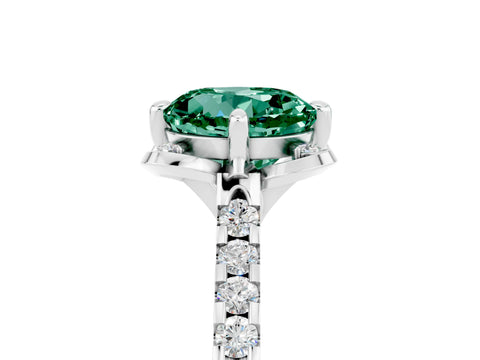 White gold Round Cut Green Sapphire Ring with Pavé Band and Floral Prong Setting_5