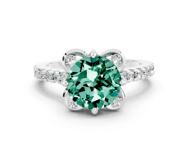 Silver Round Cut Green Sapphire Ring with Pavé Band and Floral Prong Setting