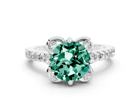 White gold Round Cut Green Sapphire Ring with Pavé Band and Floral Prong Setting