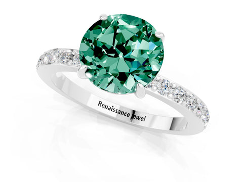 White gold Round Cut Green Sapphire Ring with Pavé Band and Four-Prong Setting_1