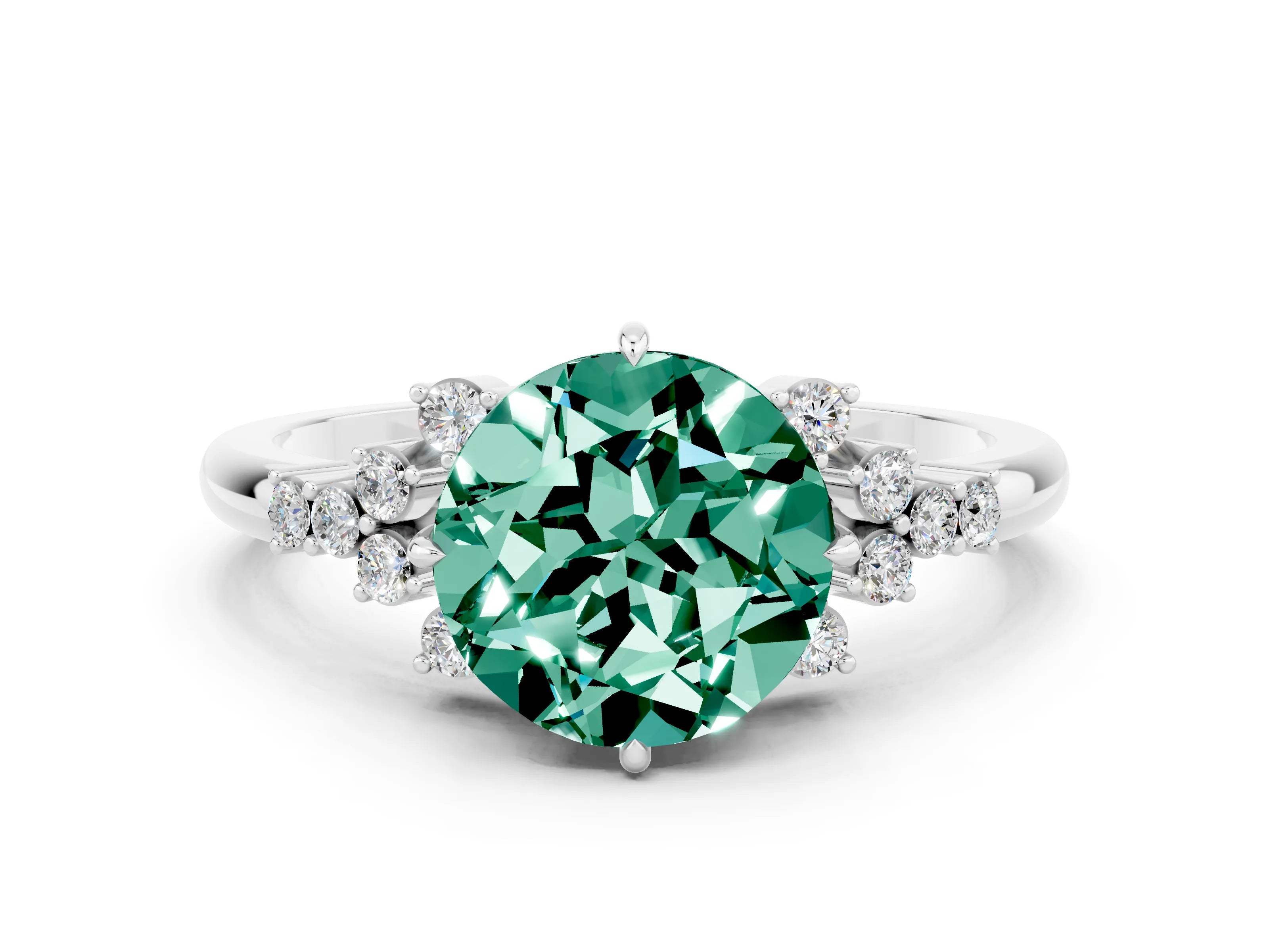 White gold Round Cut Green Sapphire Ring with Side Stones and Four-Prong Setting_36