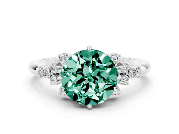 White gold Round Cut Green Sapphire Ring with Side Stones and Four-Prong Setting
