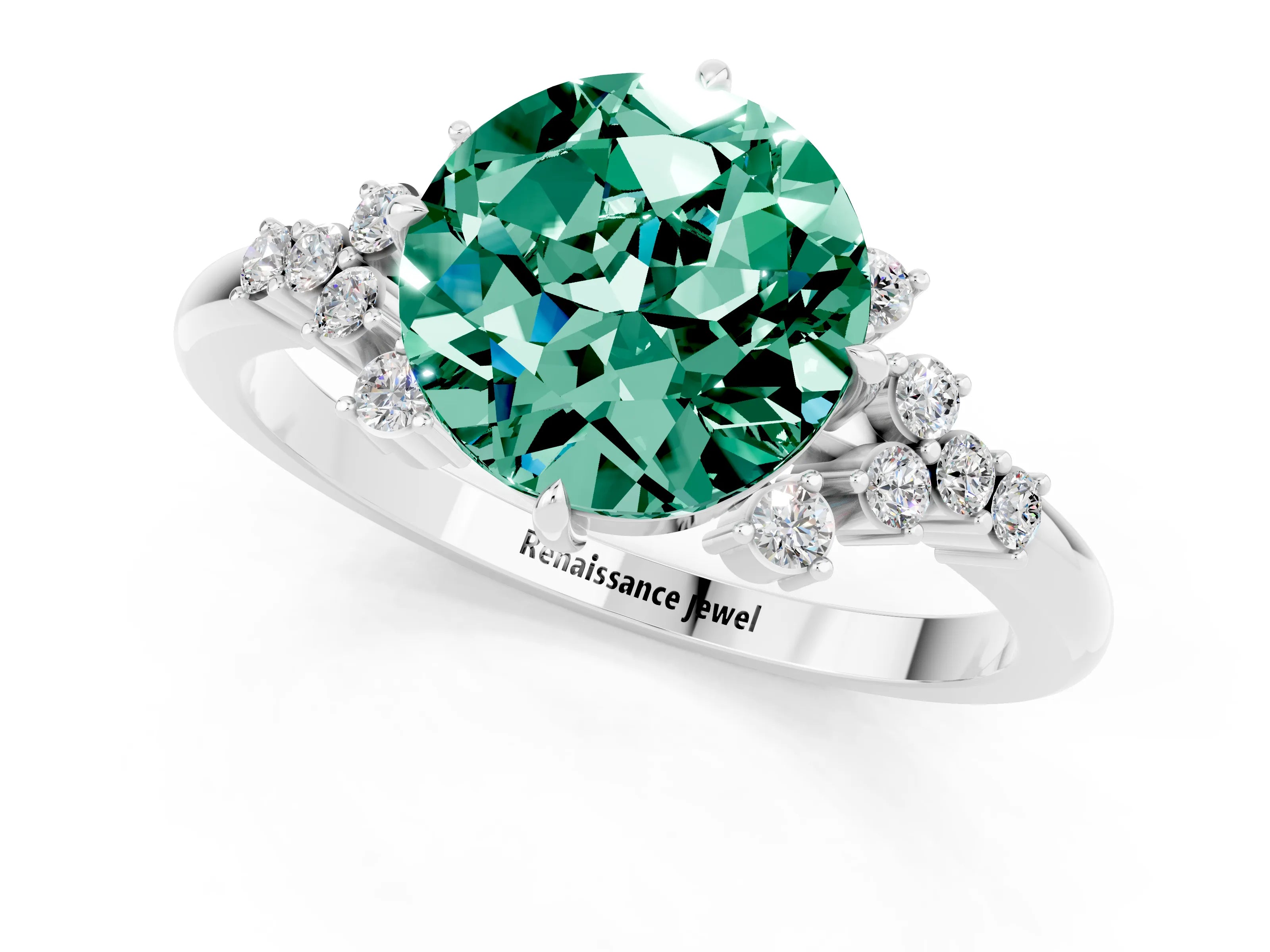 White gold Round Cut Green Sapphire Ring with Side Stones and Four-Prong Setting_37