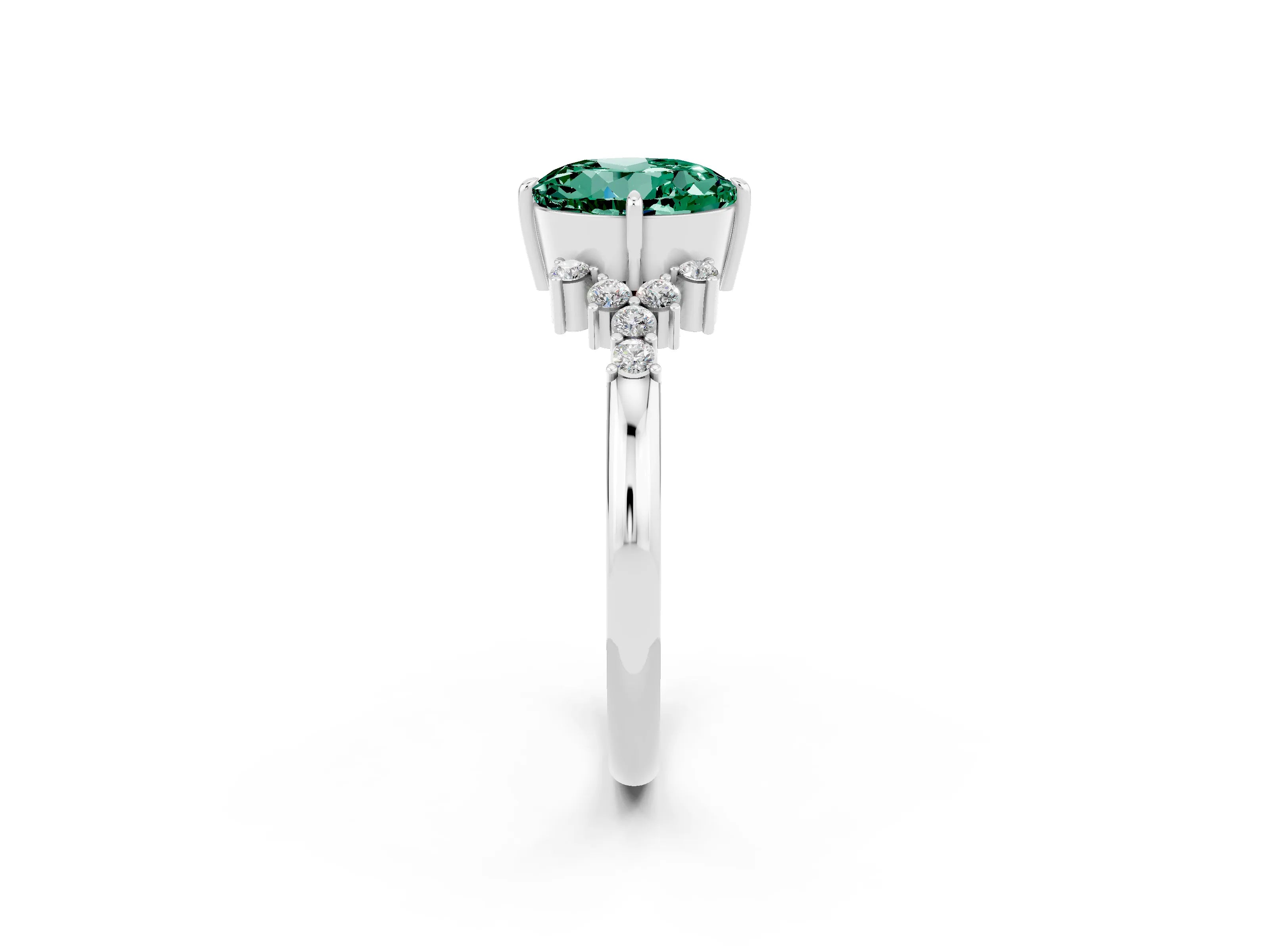 White gold Round Cut Green Sapphire Ring with Side Stones and Four-Prong Setting_38