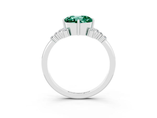 Silver Round Cut Green Sapphire Ring with Side Stones and Four-Prong Setting