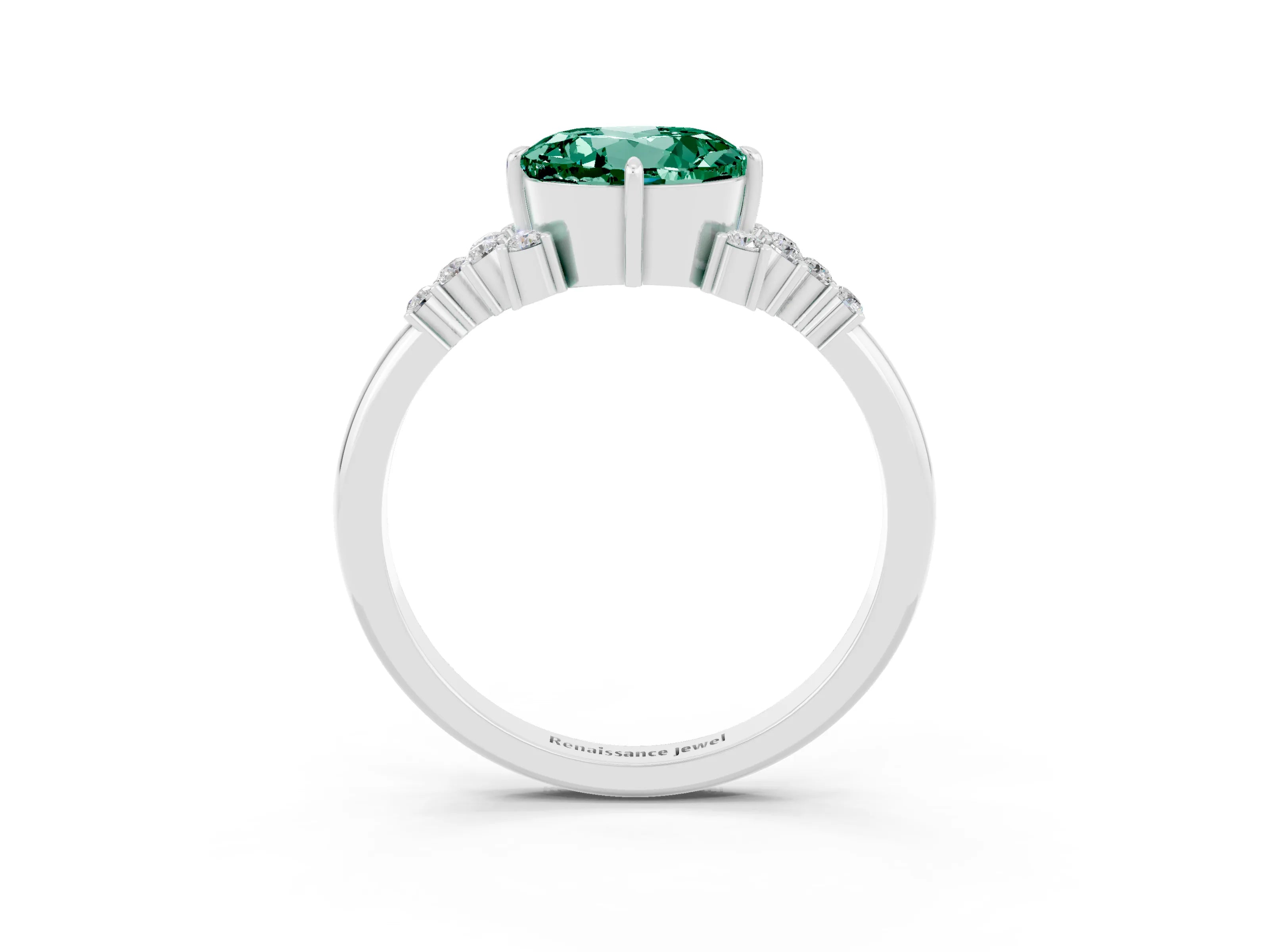 White gold Round Cut Green Sapphire Ring with Side Stones and Four-Prong Setting_39