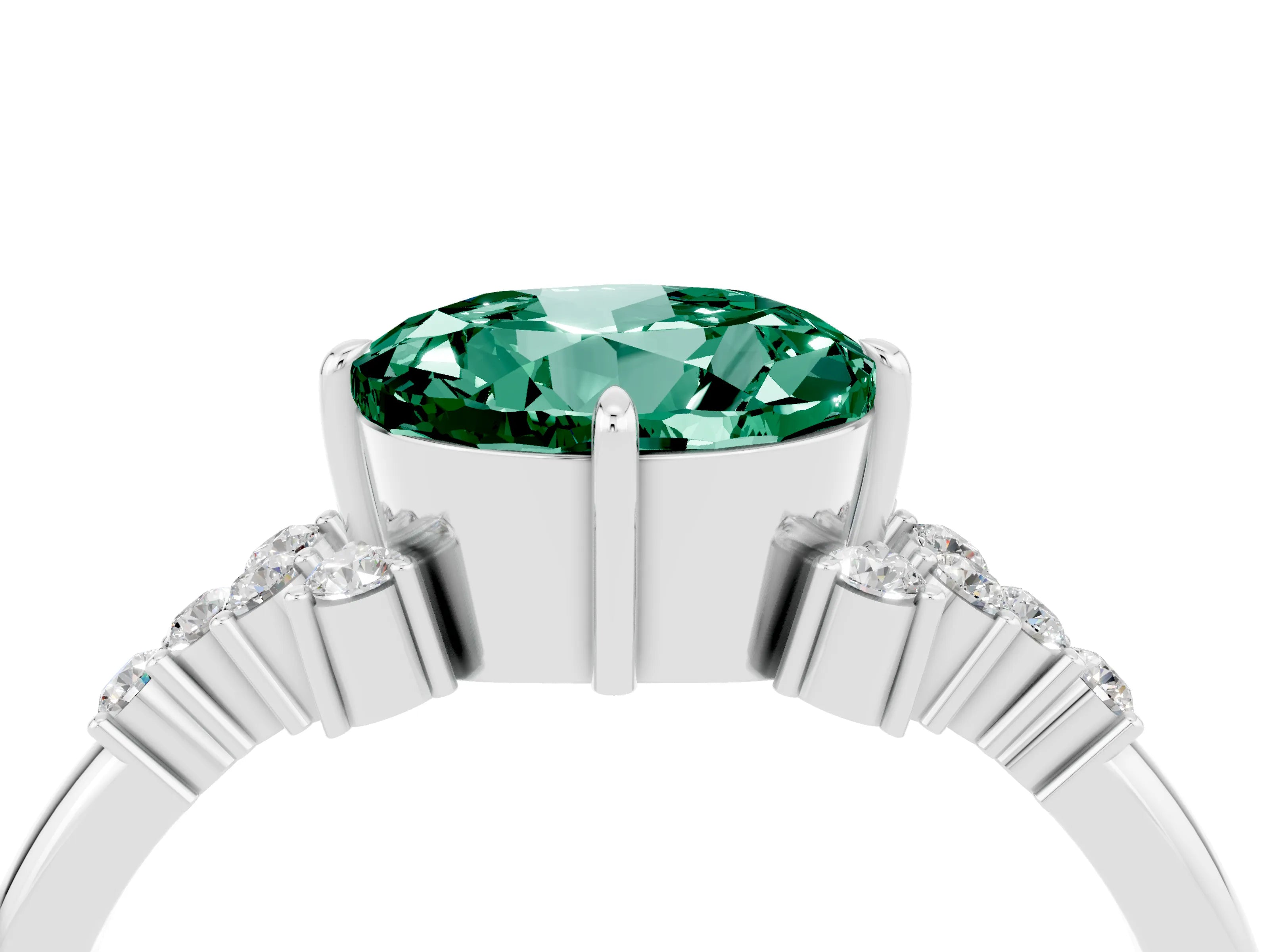 White gold Round Cut Green Sapphire Ring with Side Stones and Four-Prong Setting_40