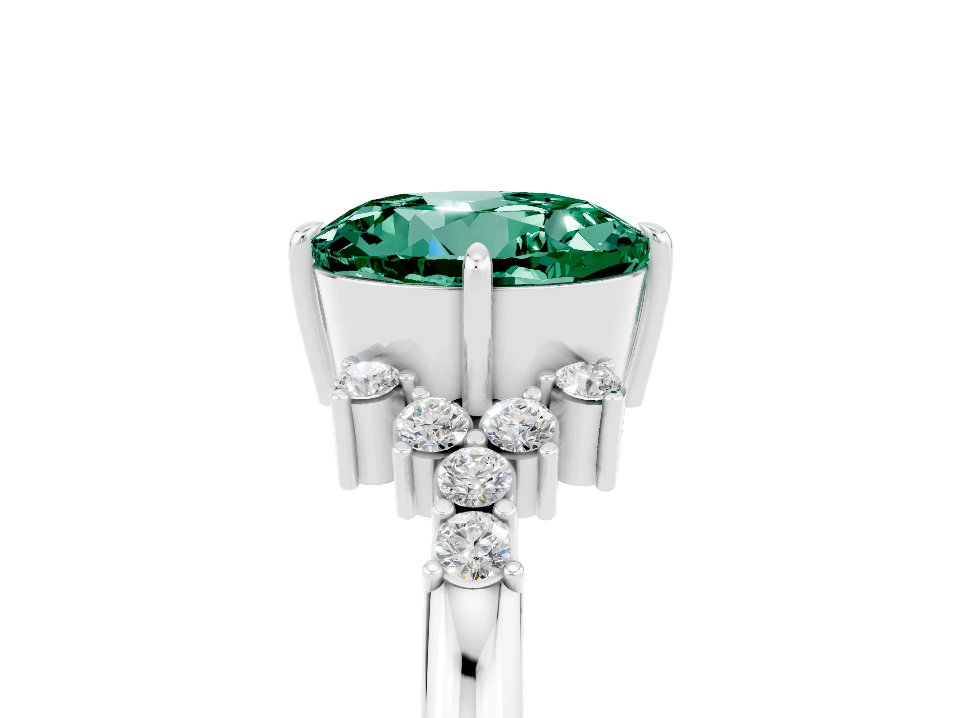 White gold Round Cut Green Sapphire Ring with Side Stones and Four-Prong Setting_41