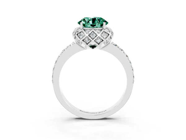 White gold Round Cut Green Sapphire Scalloped Halo Engagement Ring with Round Shared Prong Band