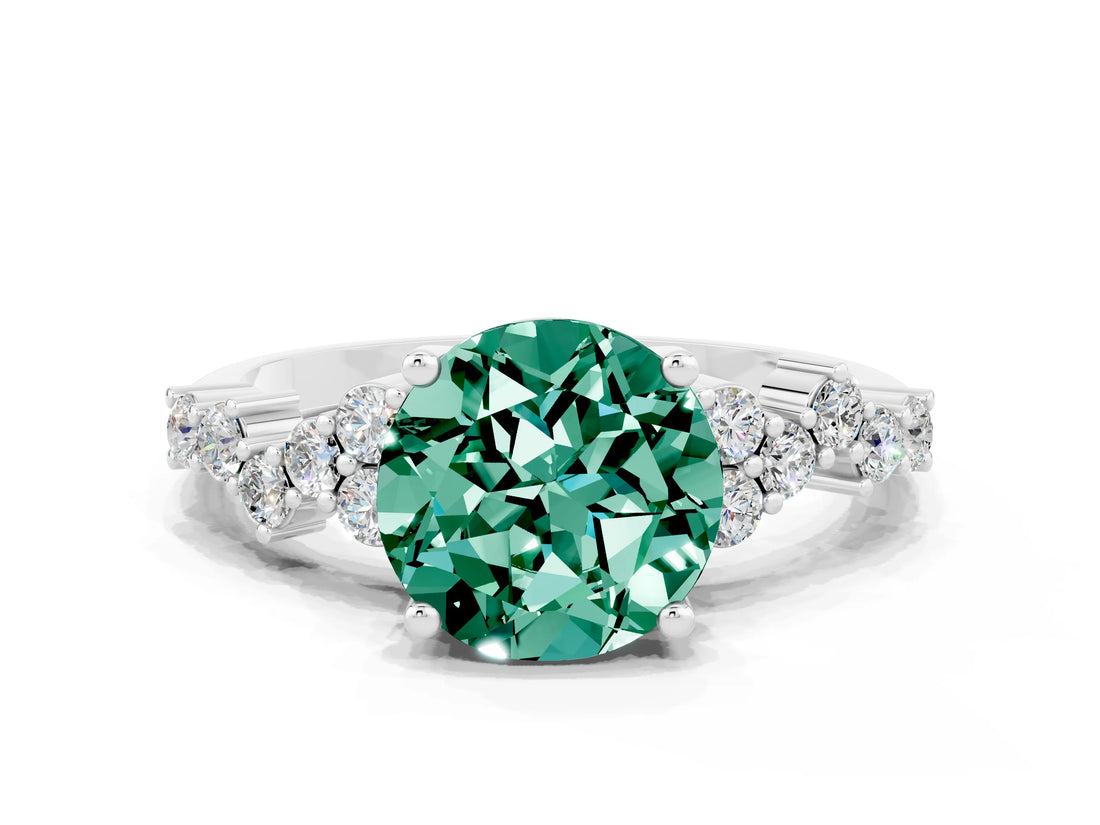 White gold Round Cut Green Sapphire Scattered Round Accent Ring with Prong Setting_48