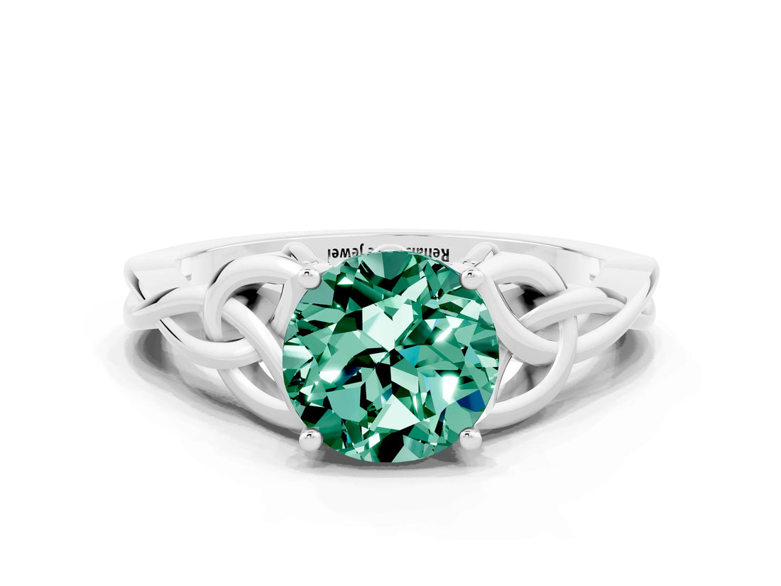 White gold Round Cut Green Sapphire Solitaire Celtic Knot Ring with Four-Prong Setting_12