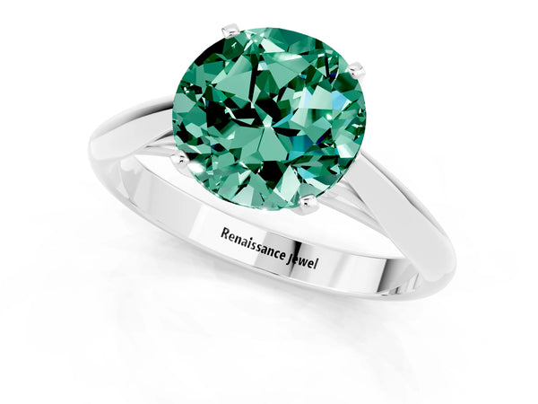 White gold Round Cut Green Sapphire Solitaire Engagement Ring with Cathedral Setting and Four-Prong Mount