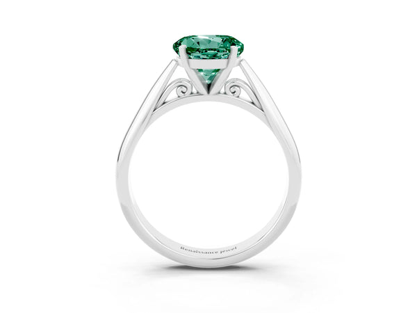 White gold Round Cut Green Sapphire Solitaire Engagement Ring with Cathedral Setting and Four-Prong Mount