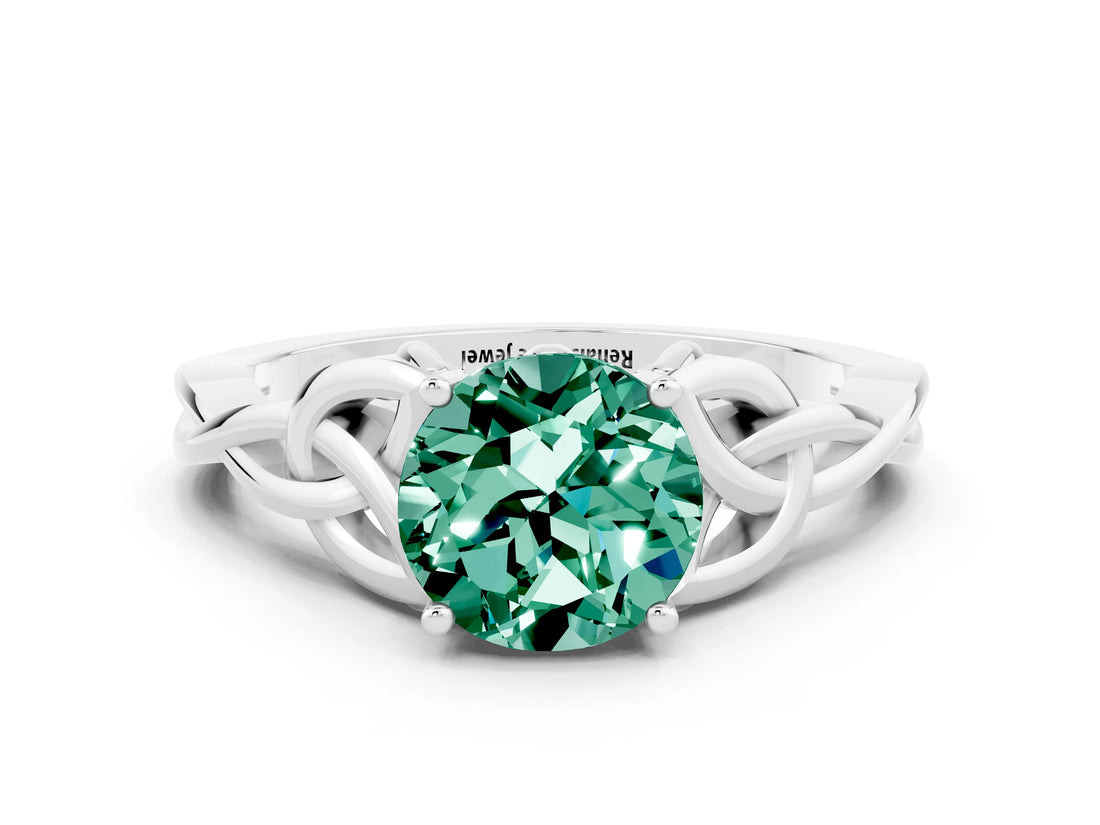 White gold Round Cut Green Sapphire Solitaire Engagement Ring with Celtic Knot Band and Four-Prong Setting