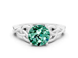 White gold Round Cut Green Sapphire Solitaire Engagement Ring with Celtic Knot Band and Four-Prong Setting