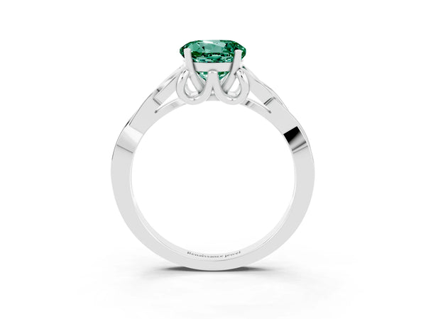 Silver Round Cut Green Sapphire Solitaire Engagement Ring with Celtic Knot Band and Four-Prong Setting